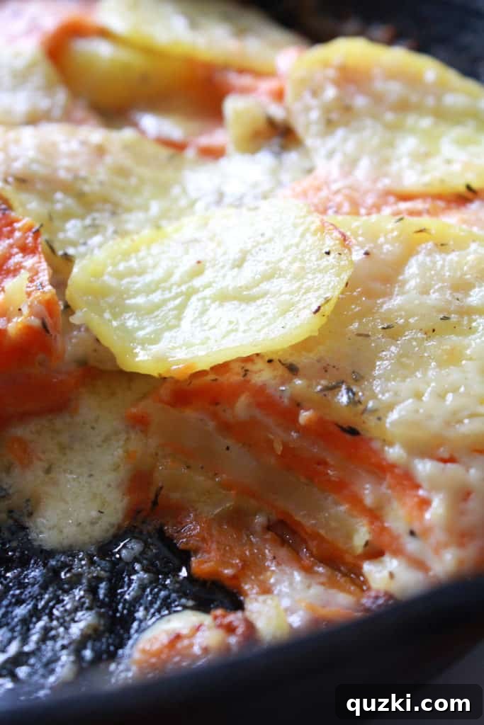 Creamy Sweet and Yukon Gold Potato Skillet Gratin 8 Finished Sweet and Yukon Gold Potato Au Gratin Skillet with golden crust