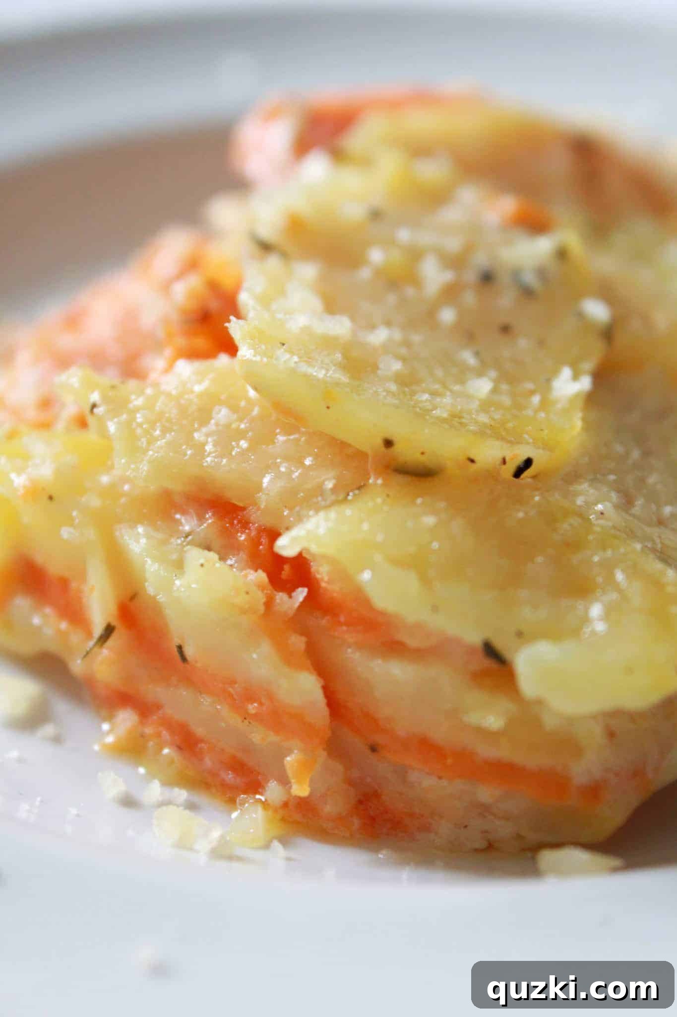 Exquisite Sweet and Yukon Gold Potato Au Gratin, a gourmet potato side dish for Thanksgiving, featured by Practically Homemade