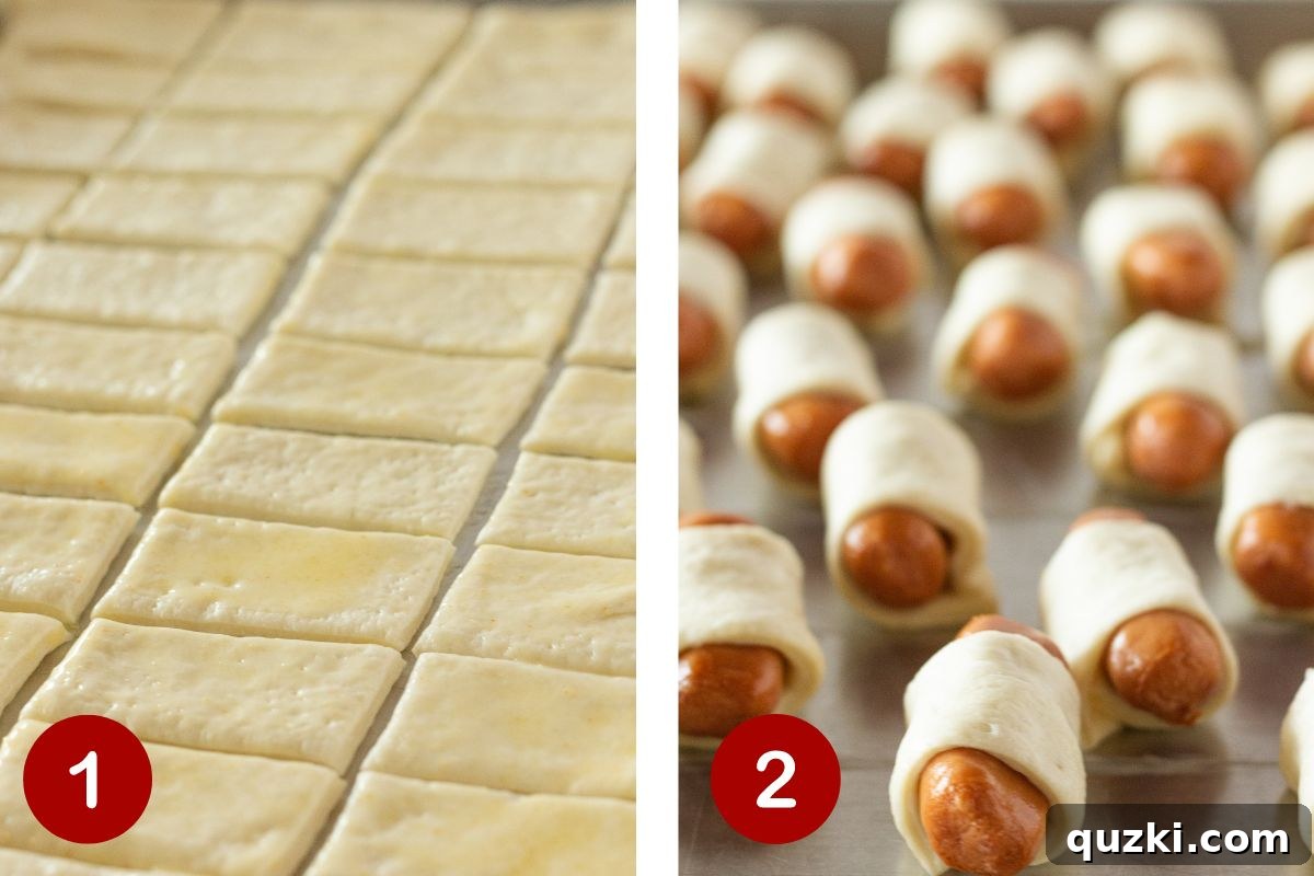A two-part photo showing the process of making Pigs in a Blanket: cutting pizza dough into rectangles on the left, and wrapped cocktail sausages ready for baking on the right.