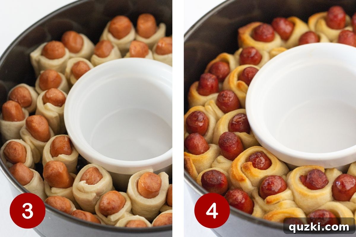 A visual guide showing step 3, arranging the wrapped pigs in a blanket in a springform pan with a bowl in the center, and step 4, the final baked golden wreath with dipping sauce.