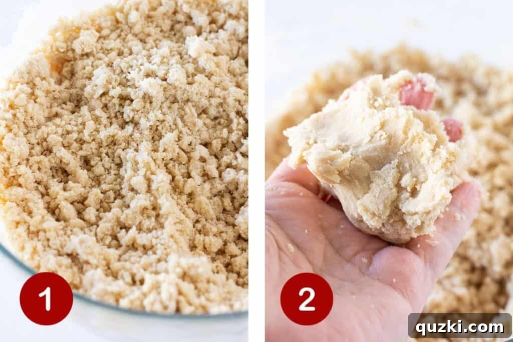Steps 1 and 2 of making shortbread. Image 1 shows combined ingredients until crumbly. Image 2 shows dough being formed by hand from the crumbly mixture.