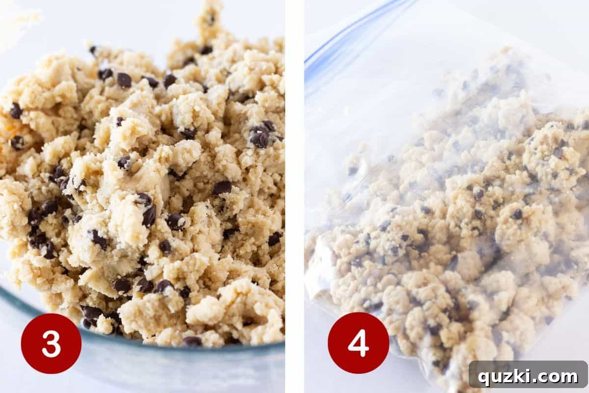 Steps 3 and 4 of making chocolate chip shortbread. Image 3 shows mini chocolate chips added to the dough. Image 4 shows the dough being transferred into a zipper bag.