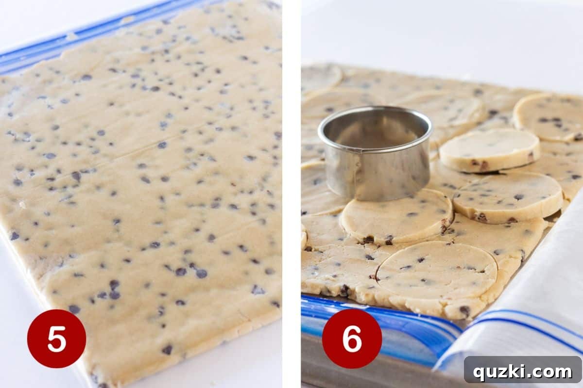 Steps 5 and 6 of making chocolate chip shortbread. Image 5 shows dough rolled into a bag and chilled. Image 6 shows cookies being meticulously cut out from the chilled dough using a round cutter.