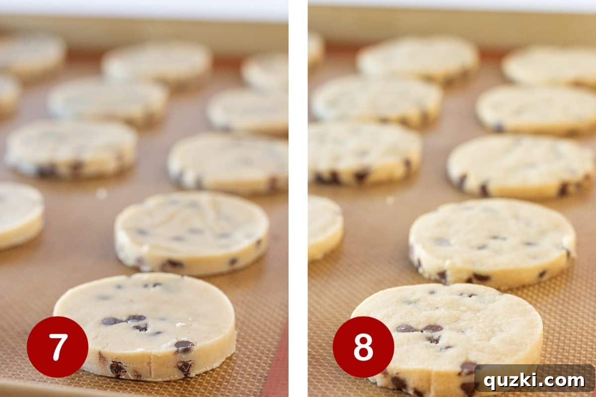 Steps 7 and 8 of making chocolate chip shortbread. Image 7 shows cookies meticulously placed on a baking tray. Image 8 shows freshly baked cookies cooling on the tray, with lightly golden edges.