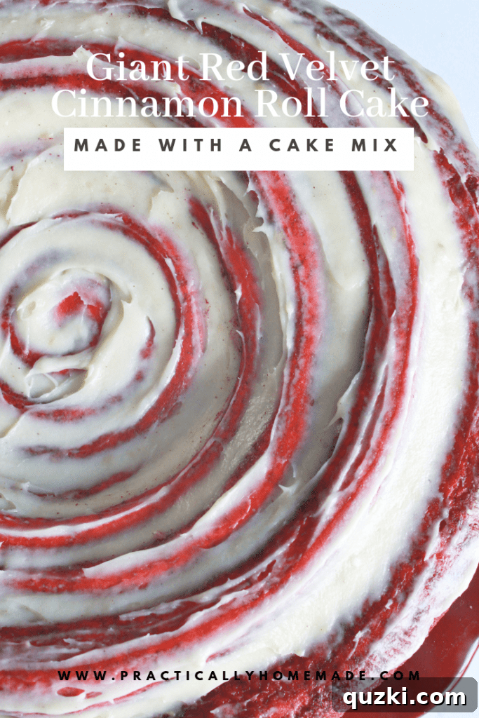 Delightful Red Velvet Cinnamon Roll Cake with a rich cream cheese frosting, a festive treat perfect for the holidays.