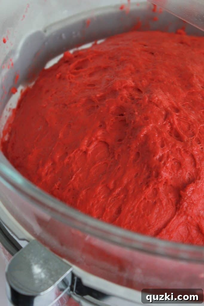 Soft, red velvet dough after its first rise, perfectly proofed and ready for shaping into the giant cinnamon roll.
