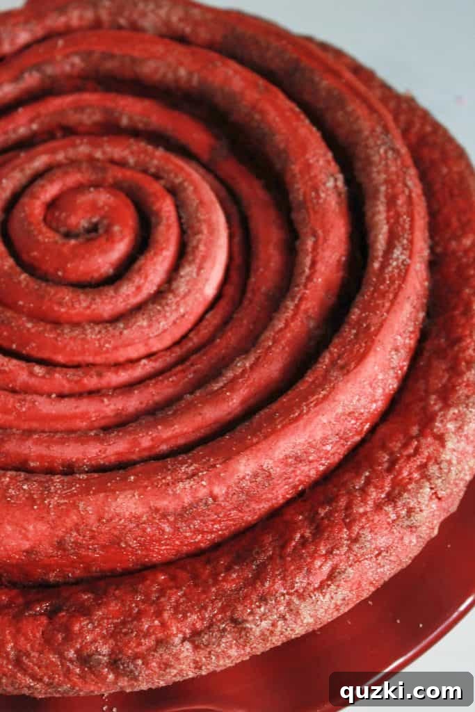 The impressive giant red velvet cinnamon roll cake, perfectly risen and expanded in its pie plate, awaiting baking.