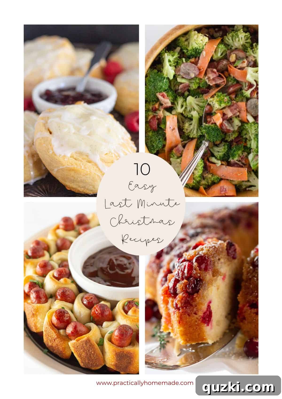 Collage of 4 easy last minute Christmas recipes. Featuring breakfast, dinner, and dessert options.