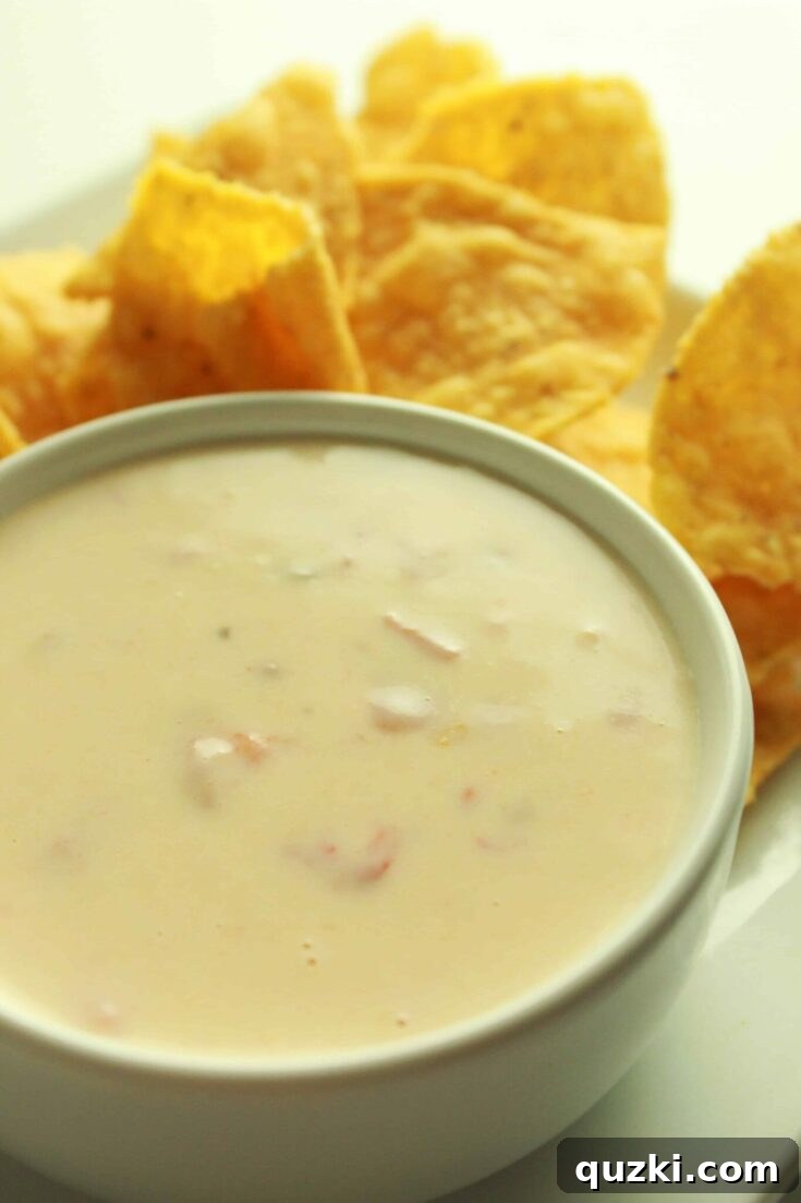 Velvety smooth and creamy Quick Queso Blanco dip, served warm in a bowl with a generous pile of crispy tortilla chips for dipping.