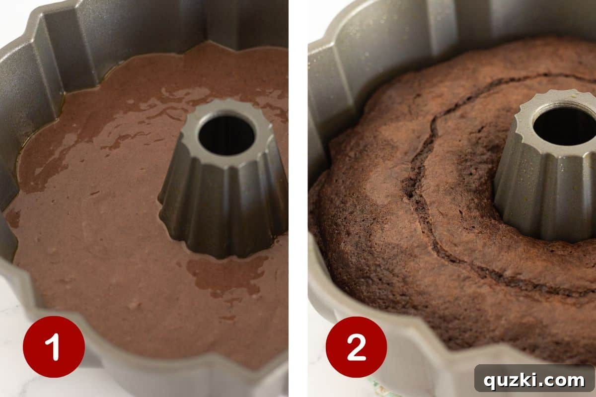 Pure Chocolate Bliss Cake 4 The process of pouring chocolate cake batter into a bundt pan and baking it to perfection.