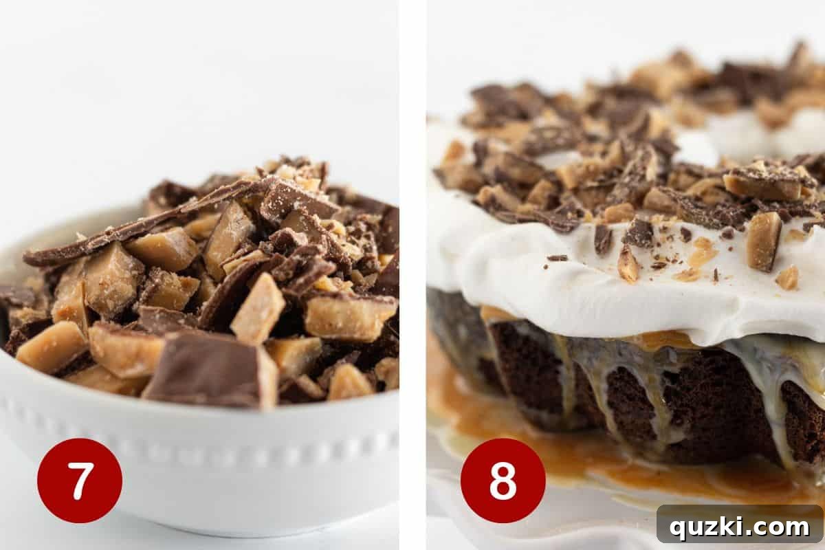 Pure Chocolate Bliss Cake 7 Finishing the Better Than Anything Cake by sprinkling chopped Heath candy bars generously over the whipped topping.