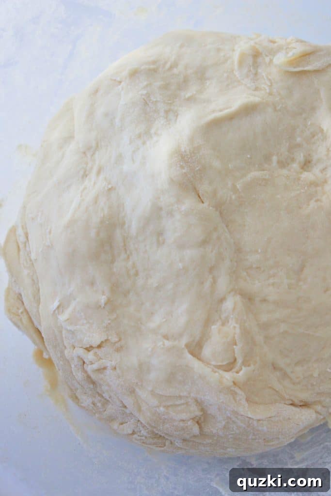 French bread dough forming into a soft, cohesive ball in a mixing bowl after ingredients are combined.