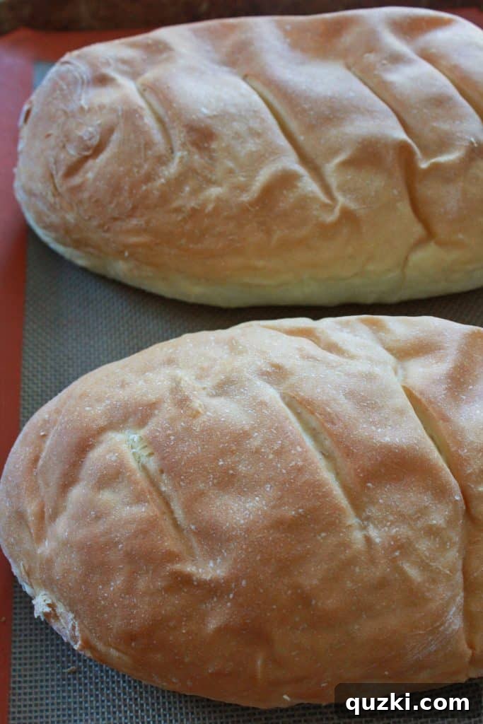 Golden brown, crusty One Rise French Bread loaves cooling on a wire rack after being freshly baked, exuding warmth and aroma.