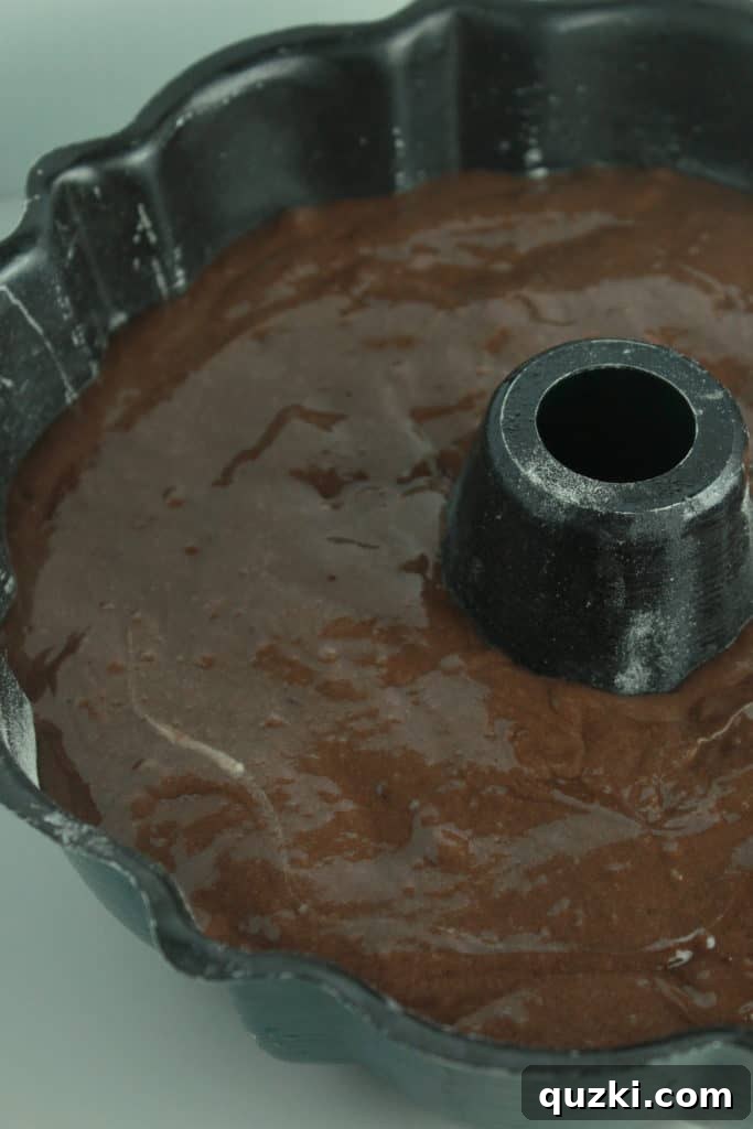 Decadent Black Bottom Bundt Cake 6 Applying the final layer of chocolate cake batter over the cream cheese filling in the Bundt pan before baking