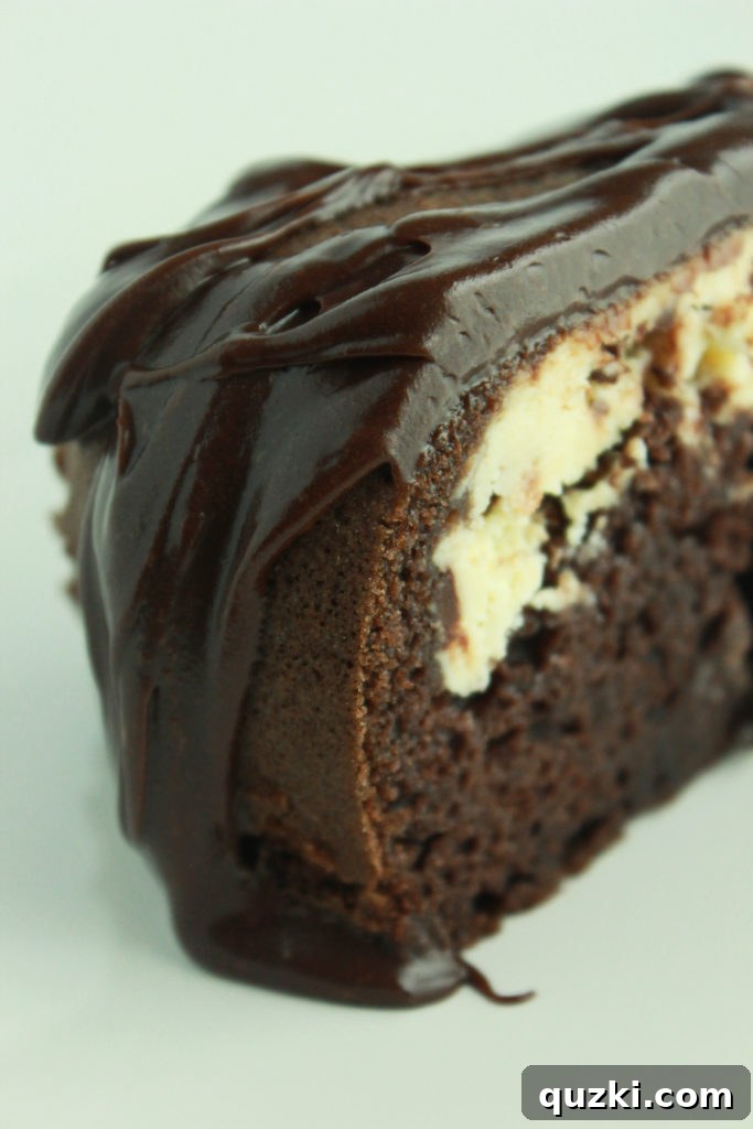 Decadent Black Bottom Bundt Cake 9 A delicious slice of Black Bottom Bundt Cake showcasing the distinct layers of rich chocolate cake and creamy cheese filling