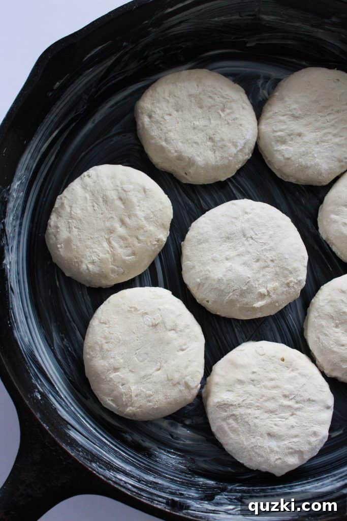 Uncooked biscuits arranged in a skillet, ready for toppings.