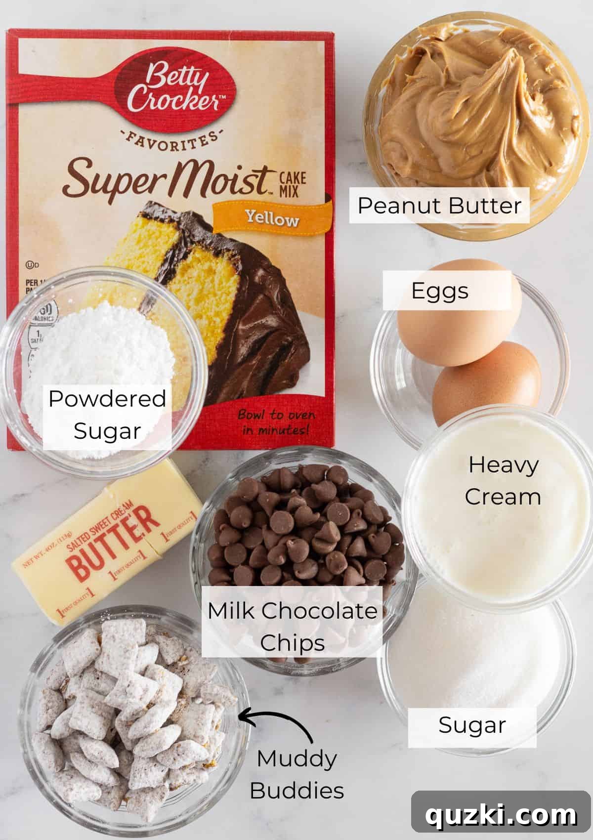 The essential ingredients neatly arranged on a counter to make Muddy Buddy Cookies with a cake mix. Includes yellow cake mix, creamy peanut butter, melted butter, large eggs, milk chocolate chips, heavy cream, and a bag of Muddy Buddy cereal.