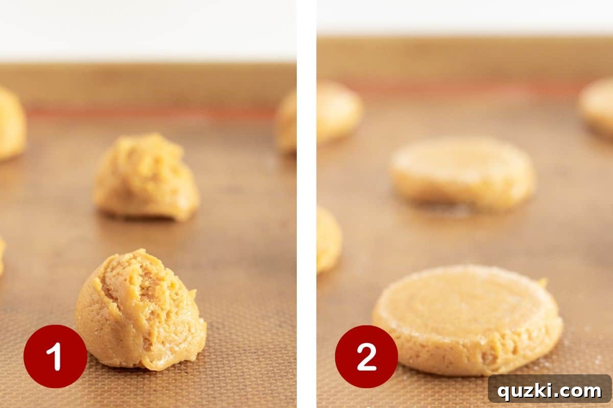 Step-by-step images showing the preparation of peanut butter cookie dough and the technique of pressing down the cookie dough with a sugared glass to create an indentation for filling.