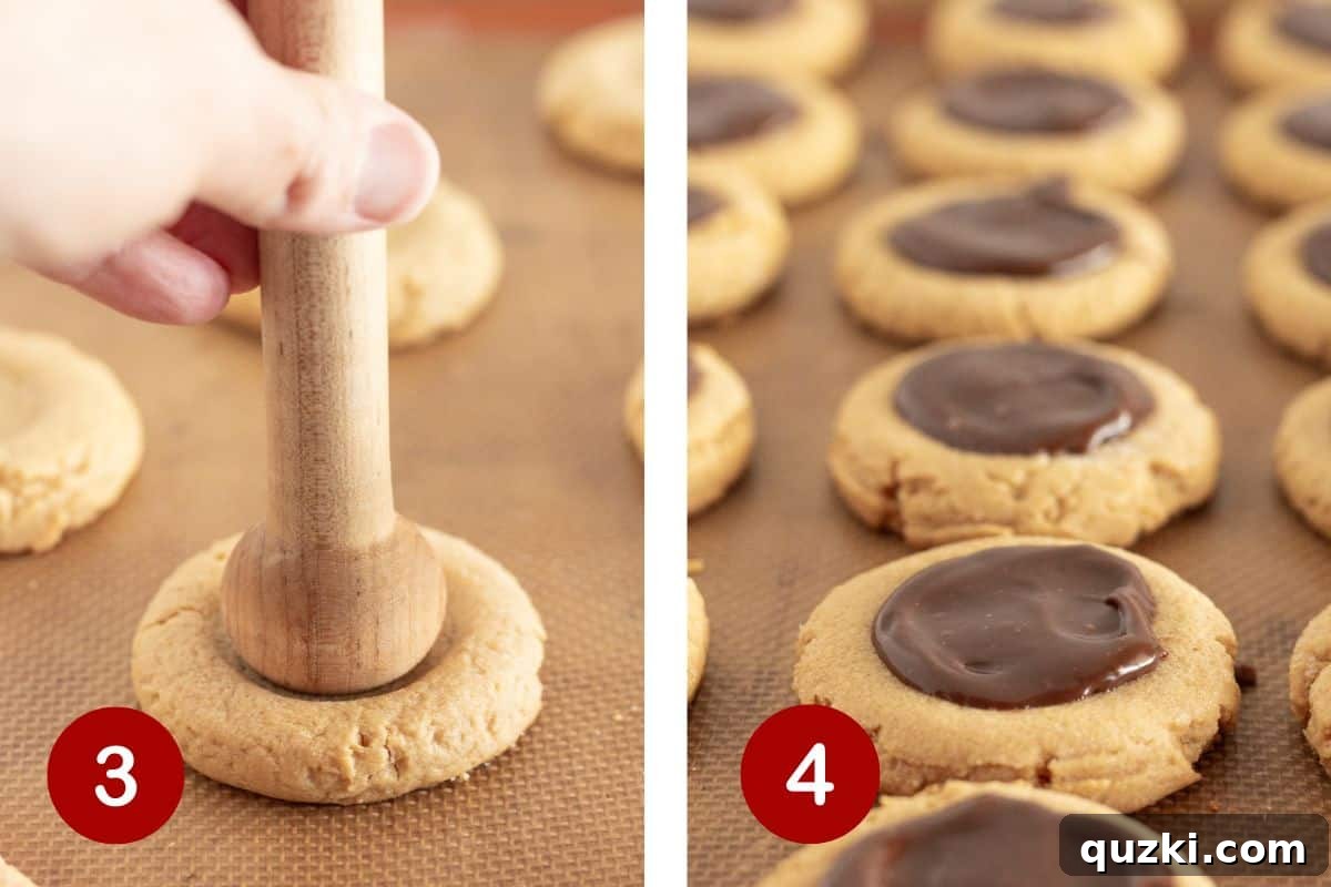 Two key steps in the cookie making process: first, making an indentation in the middle of each cookie; second, once cooled, preparing the rich chocolate ganache and carefully filling the cookie centers.