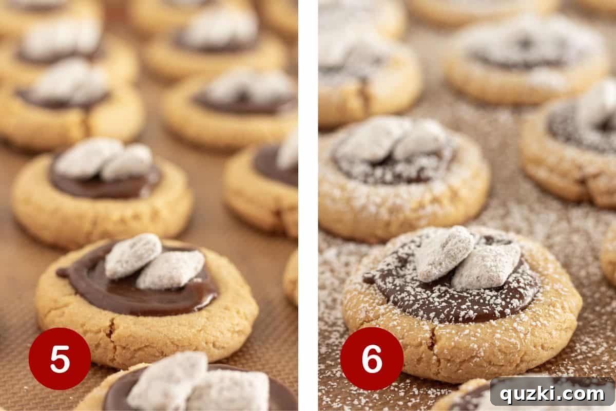 The final stages of making Muddy Buddy Cookies: topping them with crunchy Muddy Buddy cereal and lightly sprinkling with powdered sugar for an attractive finish.
