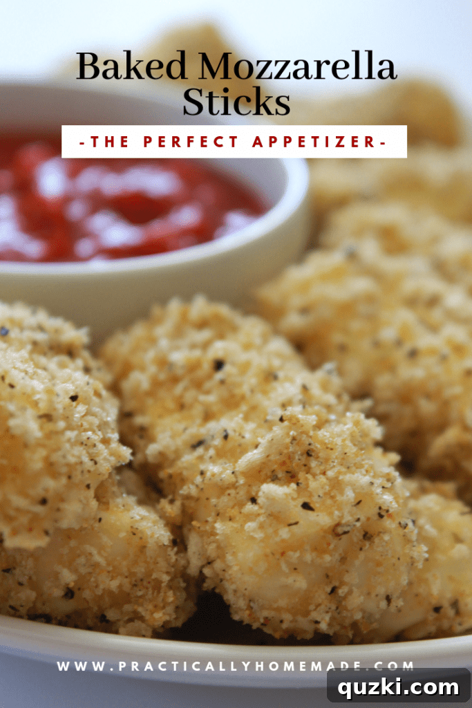 Oven-baked mozzarella sticks with a golden crispy crust, perfect for dipping, showcased on a wooden board with fresh basil.