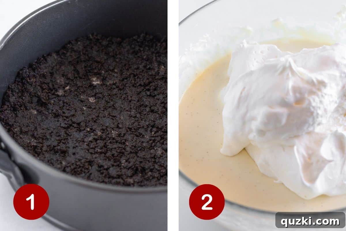 A composite image showing the preparation of the Snickers cheesecake: one frame captures the dark, chocolatey Oreo cookie crumbs being firmly pressed into the base of a springform pan, while the second frame depicts the smooth, creamy cheesecake filling being expertly mixed in a large bowl.