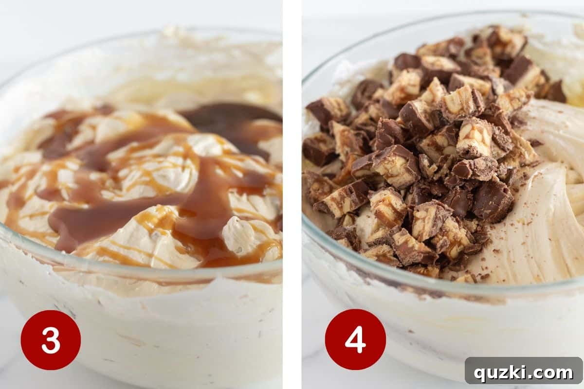 A two-part image illustrating key steps in making the Snickers cheesecake filling: one section shows luscious caramel sauce being artfully swirled into the creamy cheesecake mixture, and the other shows finely chopped Snickers candy bar pieces being stirred throughout the filling for an even distribution.