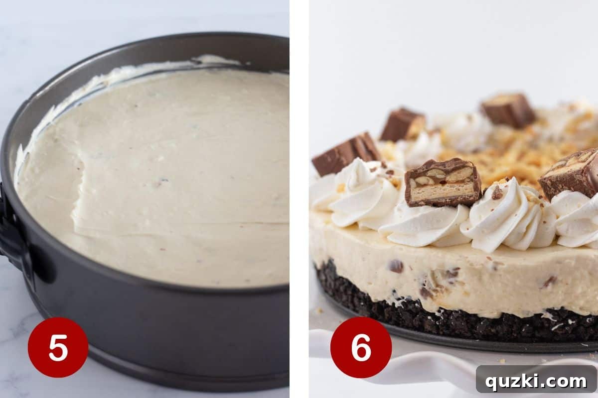 A captivating multi-frame image depicting the final stages of Snickers cheesecake preparation and serving: the creamy filling being poured onto the crust, the complete cheesecake chilling for perfection, and a delectable slice being served with an array of tempting toppings.