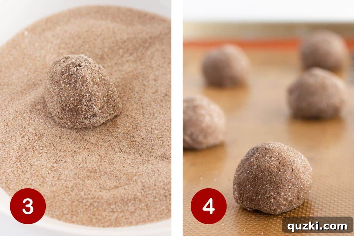 Spicy Mexican Chocolate Delights 5 Steps 3 and 4 in making Mexican Hot Chocolate Cookies. 3, rolling the cookie dough mounds in cinnamon sugar. 4, placing the cookie dough onto a baking sheet.