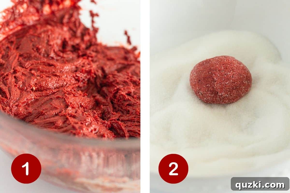 Effortless Red Velvet Kiss Cookies 4 Two images side by side: one showing red velvet cookie dough being mixed in a bowl, and the other showing cookie dough balls being rolled in granulated sugar.