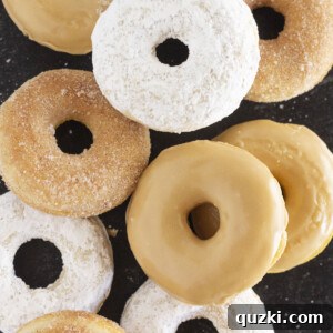 Pancake mix donuts with powdered sugar, cinnamon sugar and maple glaze.