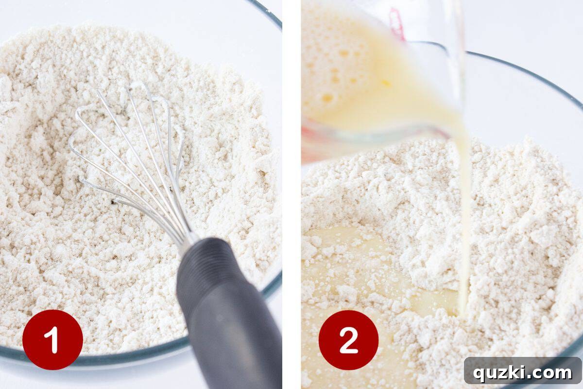 First two steps of making pancake donuts: whisking dry ingredients in one bowl, then combining wet ingredients in another for a smooth batter.