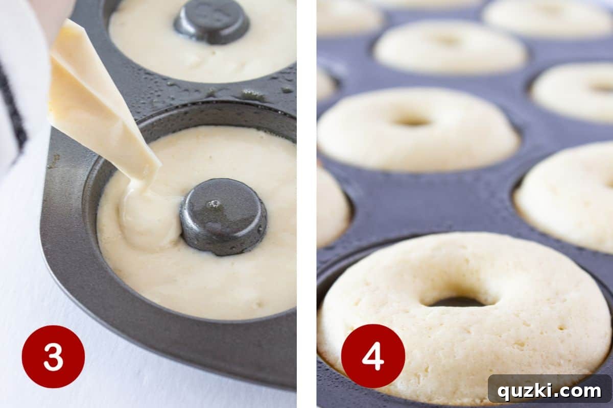 Steps three and four of making pancake donuts: neatly filling the donut pan with batter using a piping bag, followed by the donuts baking to a golden perfection in the oven.
