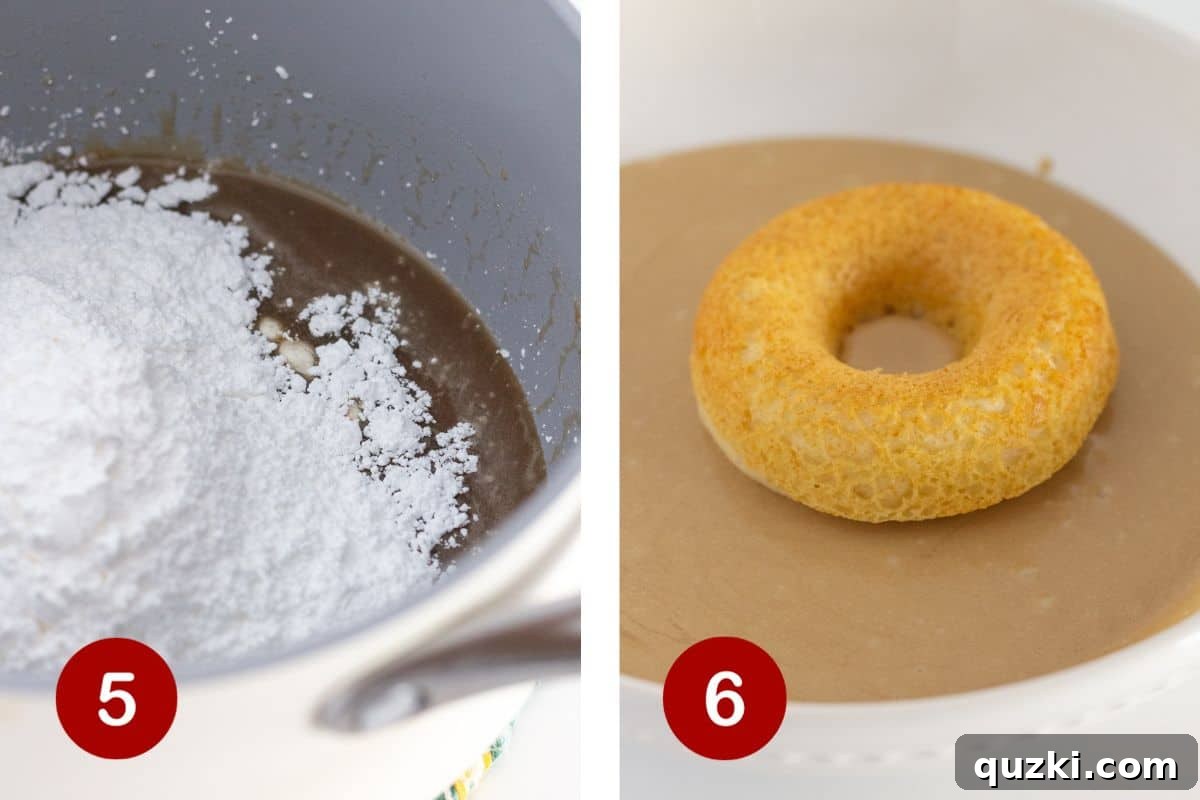 Preparing the maple glaze by melting butter and brown sugar in a saucepan, then dipping the freshly baked donuts into the warm, luscious glaze.