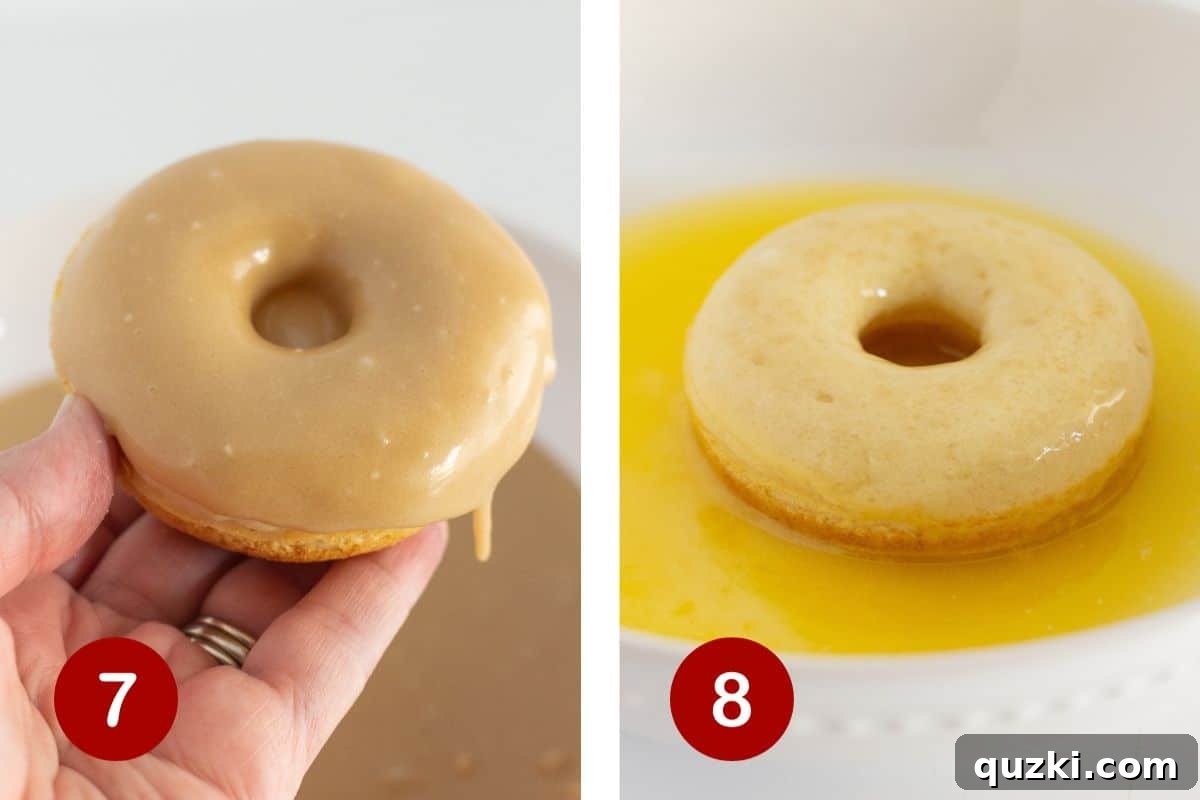 Freshly glazed maple donuts setting on parchment paper, while other cooled donuts are being dipped in melted butter in preparation for sugar coatings.