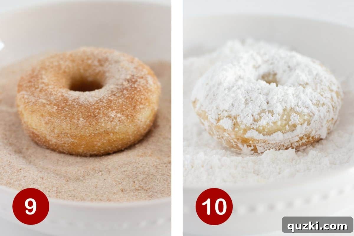 Donuts freshly coated in melted butter being tossed in a bowl of cinnamon sugar, and another bowl of powdered sugar for the alternative topping.