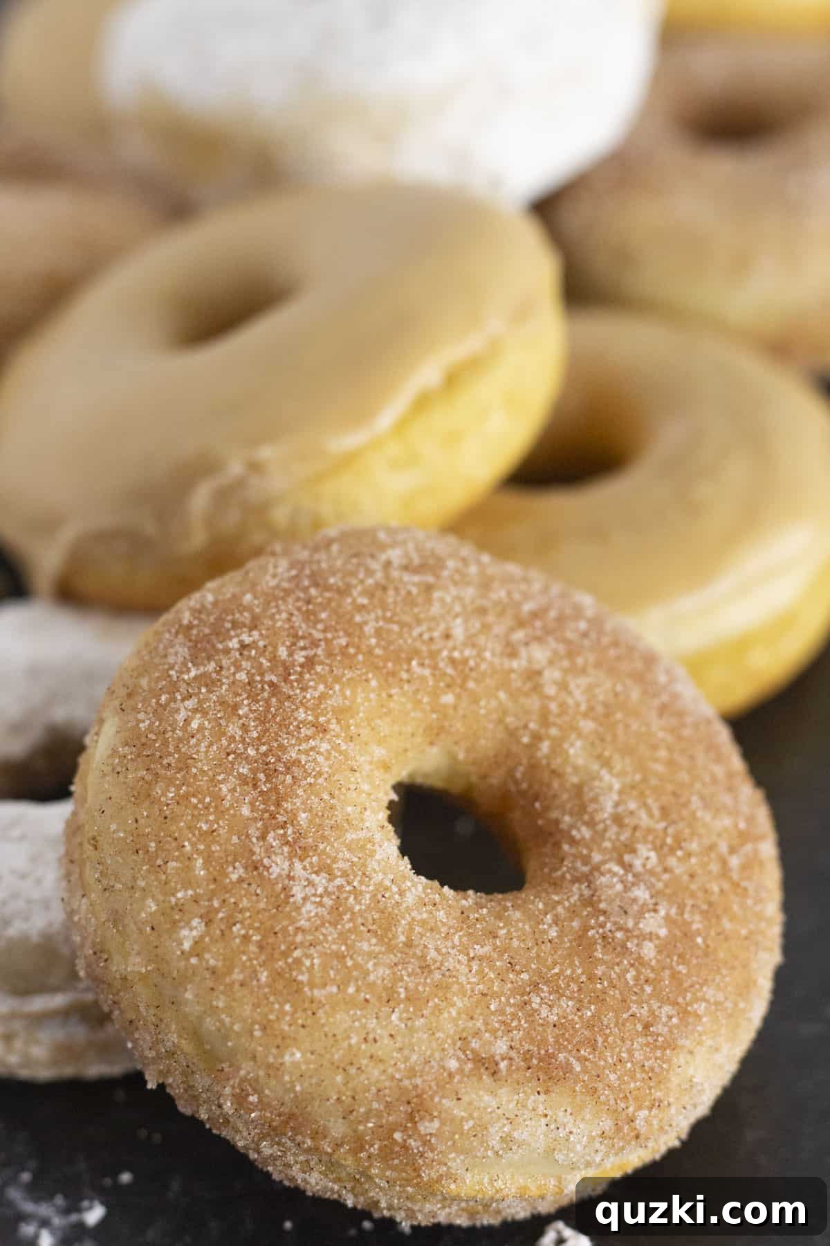 A vibrant assortment of freshly baked pancake mix donuts, featuring rich maple glaze, delicate powdered sugar, and spiced cinnamon sugar toppings, artfully arranged on a serving tray.