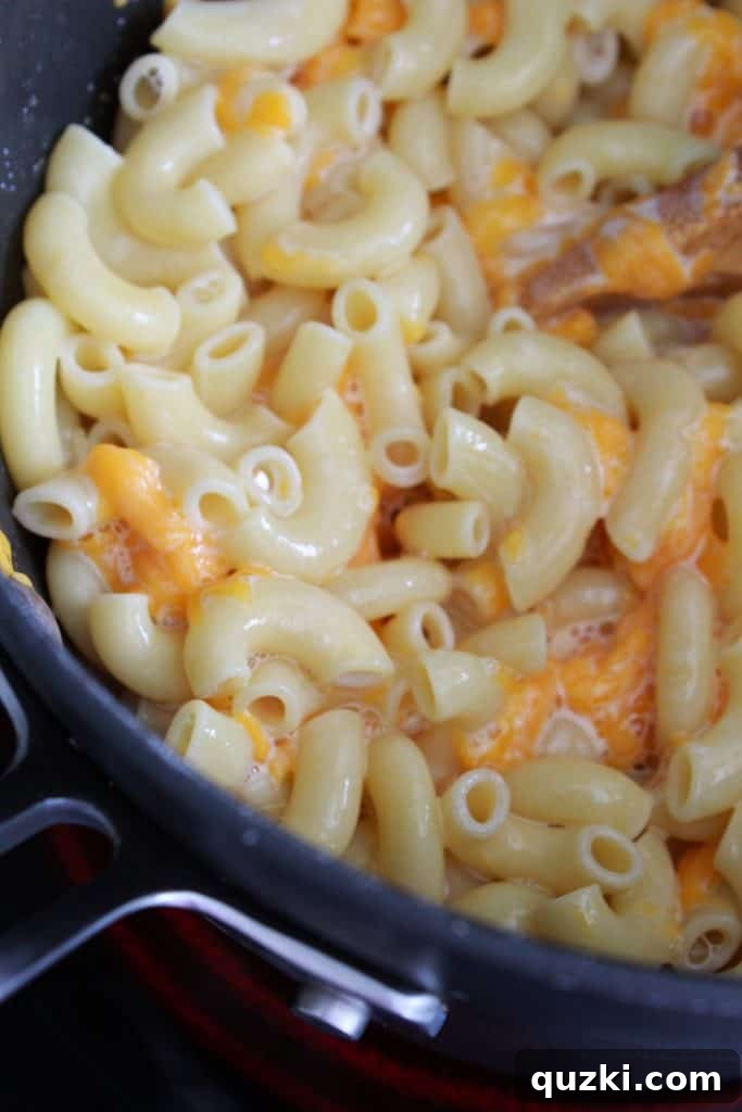 Classic Homemade Macaroni and Cheese 5 Finishing homemade mac and cheese in a saucepan, with extra shredded cheese sprinkled on top for a final flourish.