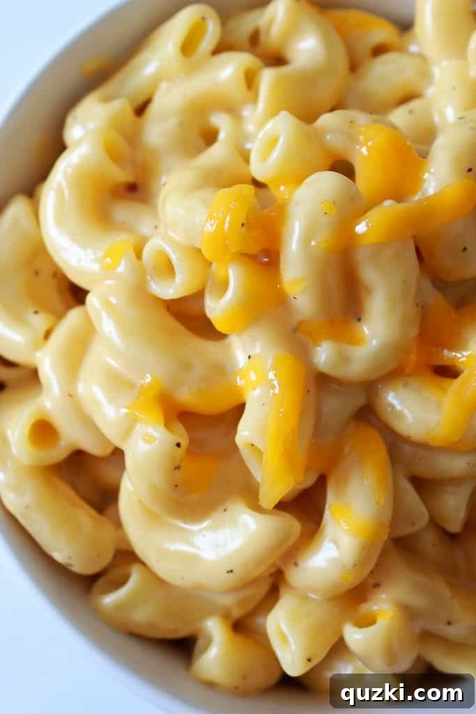 Classic Homemade Macaroni and Cheese 6 A generous serving of rich, creamy homemade mac and cheese presented in a pristine white bowl, ready to be devoured.