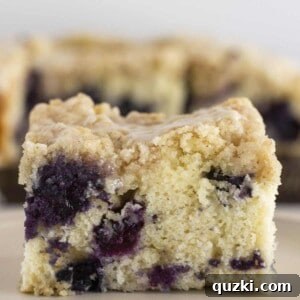 A piece of blueberry muffin cake on a plate and ready to serve.