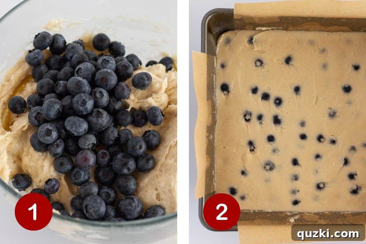 Effortless Blueberry Muffin Cake 4 Steps 1 and 2 of making blueberry muffin cake. 1, make the cake batter. 2, pour into prepared pan.