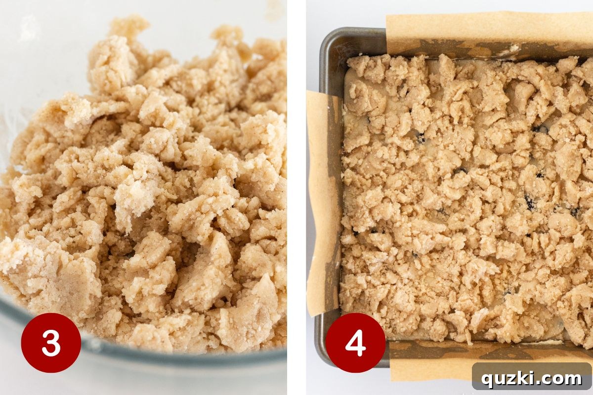 Effortless Blueberry Muffin Cake 5 Steps 3 and 4 for making a blueberry cake. 3, make streusel. 4, top the cake batter with crumb mixture.