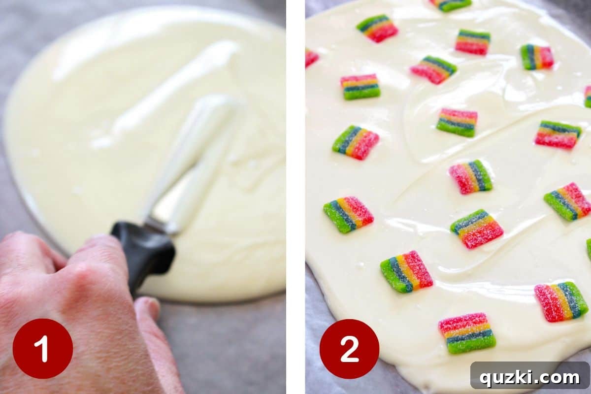 Lucky Leprechaun No-Bake Bark 4 The initial steps of making easy Leprechaun Bark, showing melted white chocolate spread on a baking sheet and being topped with colorful rainbow candies.