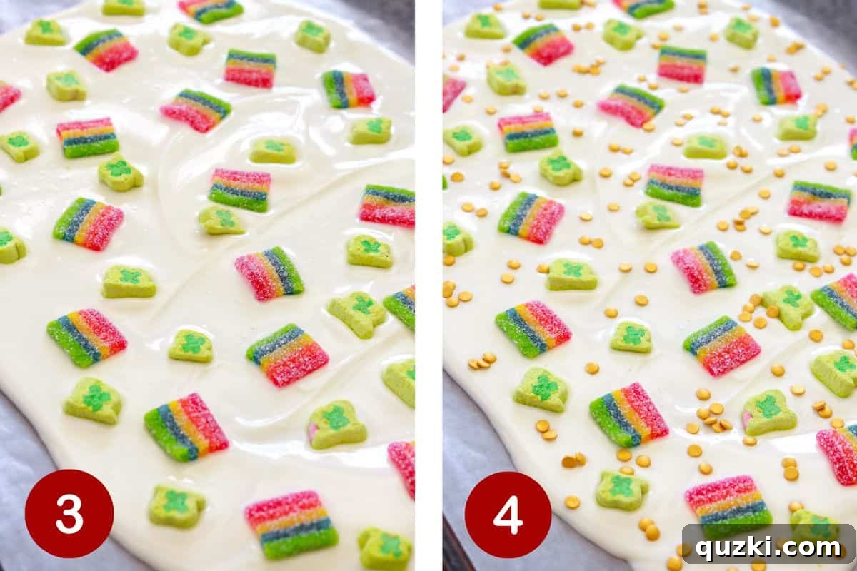 Lucky Leprechaun No-Bake Bark 5 The final steps of creating no-bake Leprechaun Bark, showing the addition of clover marshmallows and glittering gold coin sprinkles.