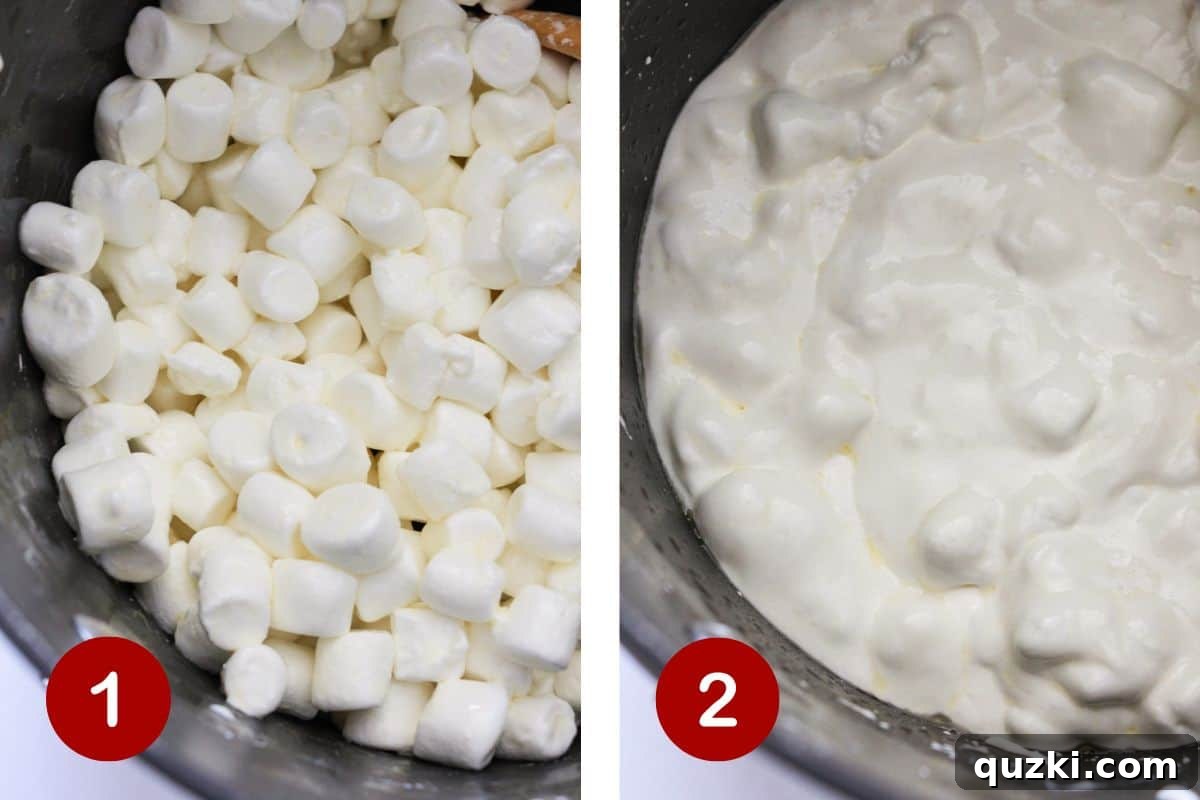 Illustrates the process of melting butter and marshmallows in a saucepan over medium-low heat, creating the base for the treats.