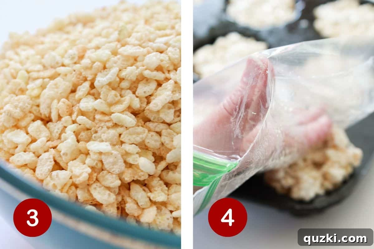 Shows the process of adding Rice Krispie cereal to melted marshmallow mixture and then dividing the sticky mixture into a prepared pan.