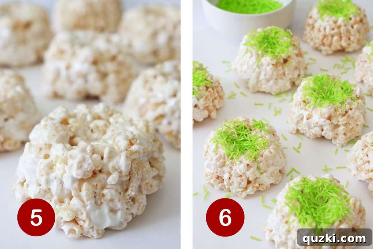 The final steps of making Rice Krispie nests, including carefully removing them from the mold and adding decorative toppings like green sprinkles and candy eggs.