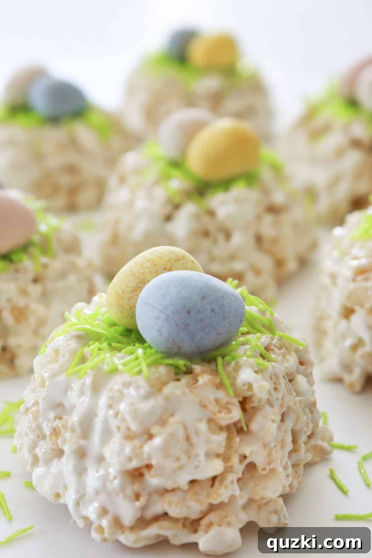 Beautifully arranged finished Rice Krispie Easter Nests on a serving tray, ready to be enjoyed.