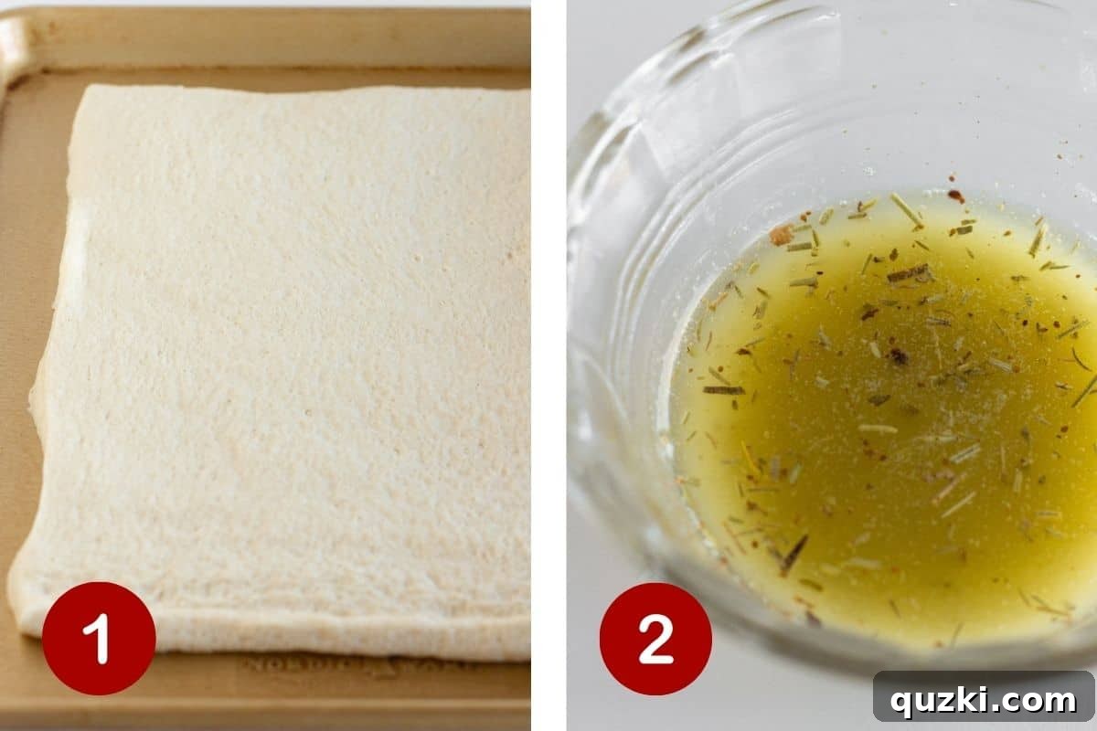 Melt-in-Your-Mouth Cheese Sticks 4 Rolling out pizza dough onto a baking sheet and mixing the garlic butter ingredients in a small bowl.