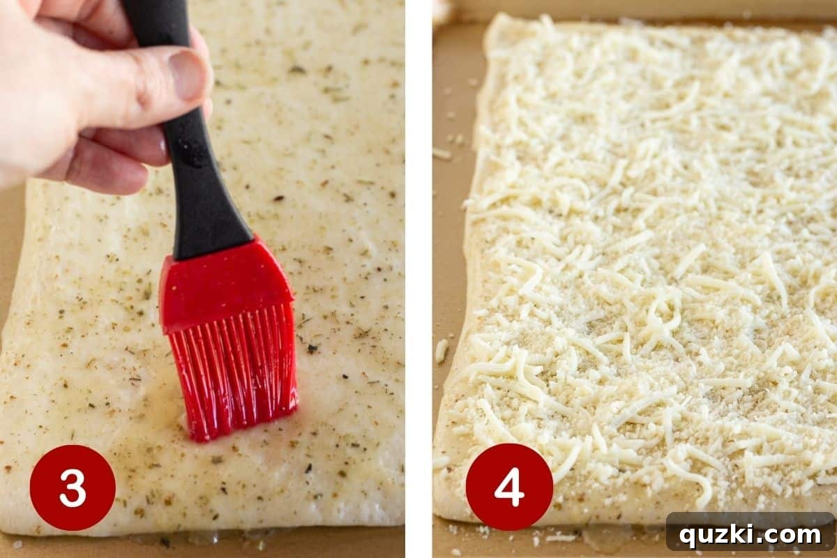 Melt-in-Your-Mouth Cheese Sticks 5 Applying the seasoned butter mixture to pizza dough and then topping it with a generous layer of mozzarella and Parmesan cheese.